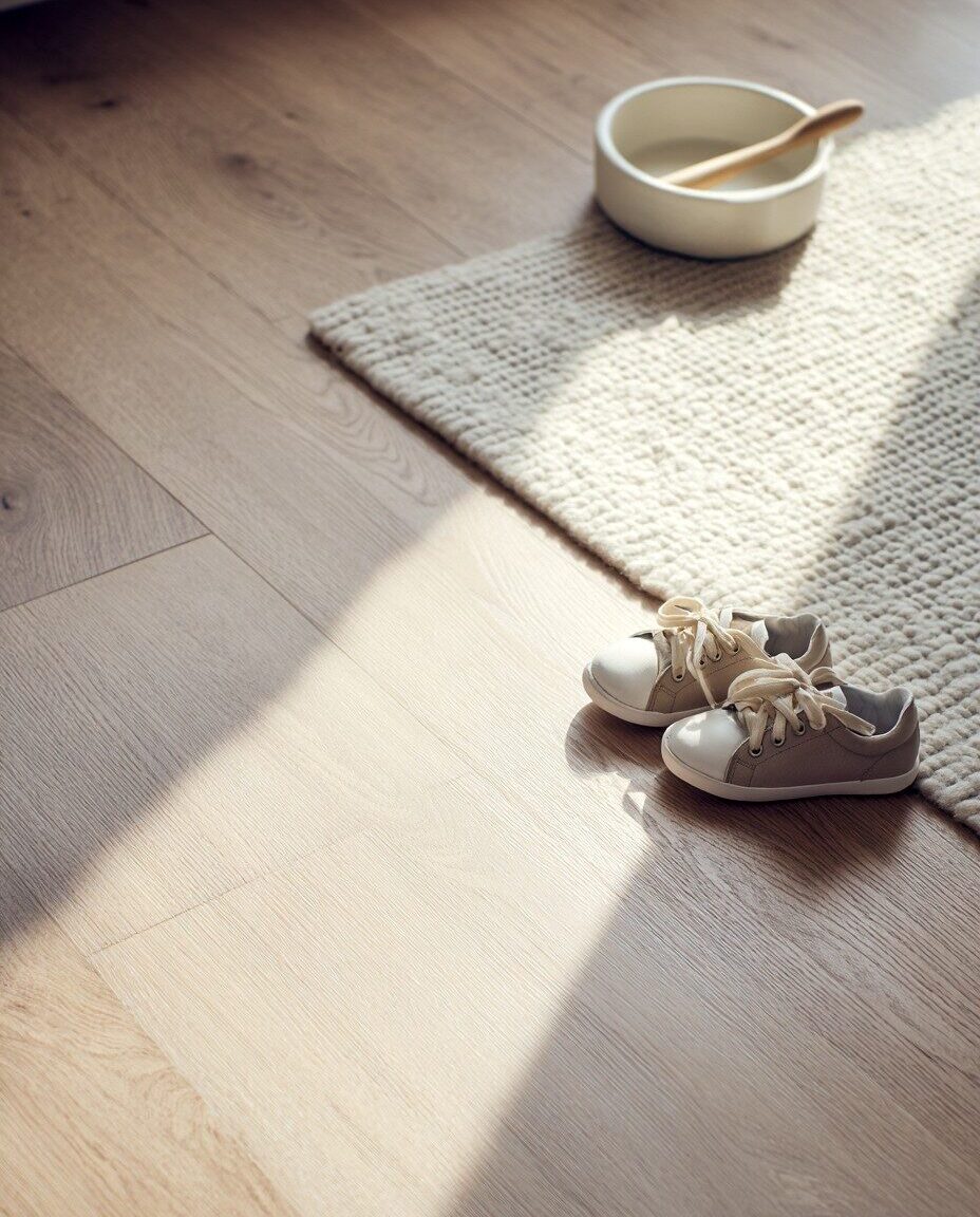 Light laminate flooring with a textured rug, a pair of small sneakers, and a bowl with a wooden spoon in natural sunlight.